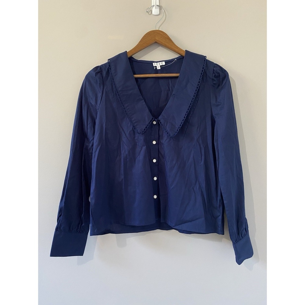 TCEC Oversized Collar Button Front Top NWOT Womens MEDIUM Navy Long Sleeve Shirt